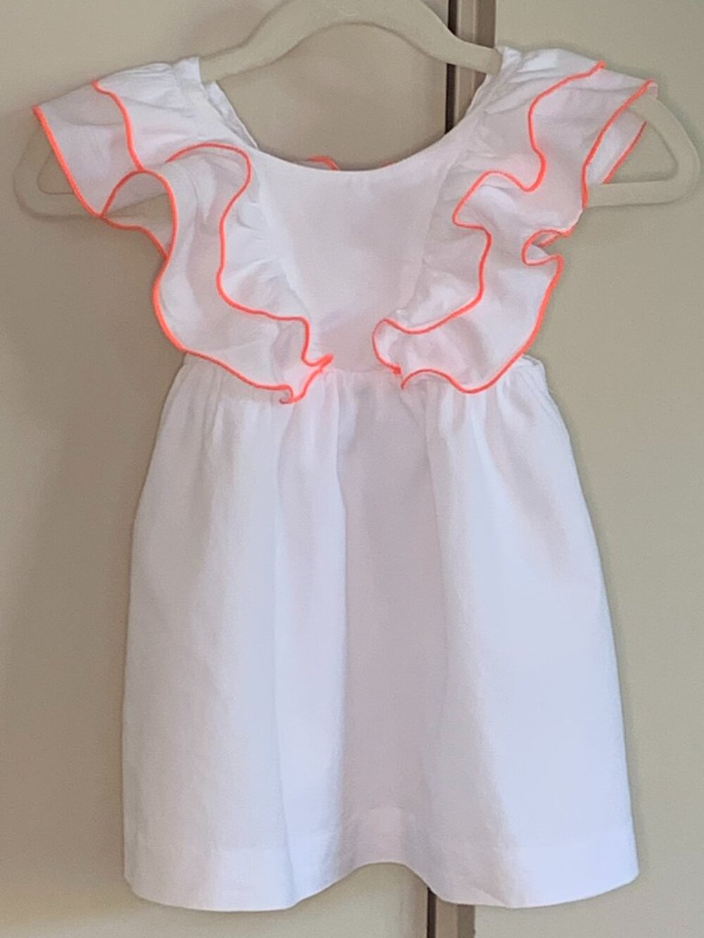 Jacadi Paris White Ruffle Dress Neon Coral Trim + Bloomers | 18M